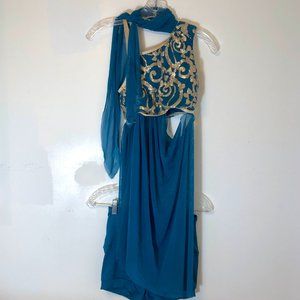 Teal and gold sequined dance costume